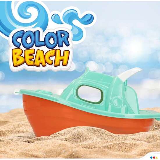 CUBO PLAYA 14 CM CON YATE 36 CM, PALA, RASTRILLO Y 3 MOLDES EN RED image 3
