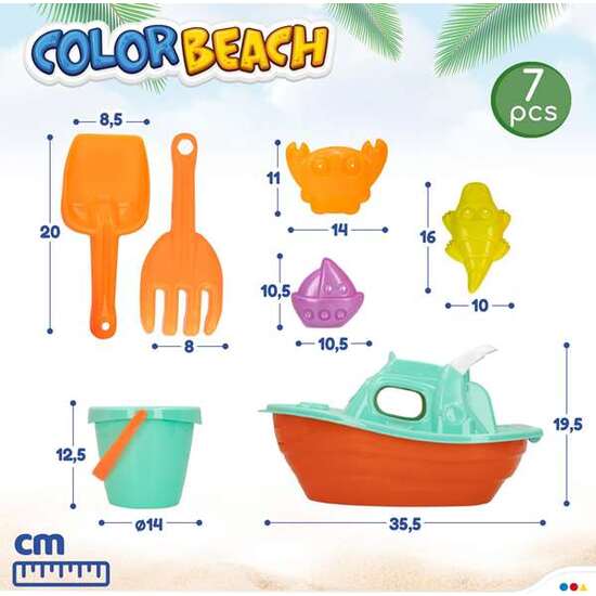 CUBO PLAYA 14 CM CON YATE 36 CM, PALA, RASTRILLO Y 3 MOLDES EN RED image 4