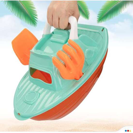 CUBO PLAYA 14 CM CON YATE 36 CM, PALA, RASTRILLO Y 3 MOLDES EN RED image 5