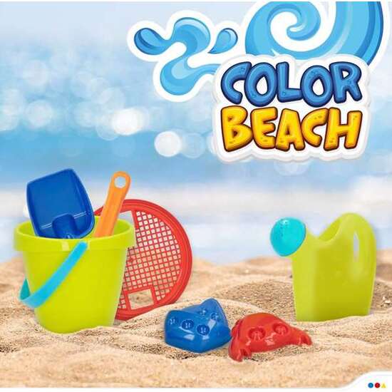 CUBO PLAYA 14 CM, CEDAZO, PALAS 20 CM, REGADERA Y 3 MOLDES EN BOLSA DE RED image 1