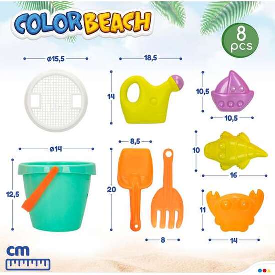 CUBO PLAYA 14 CM, CEDAZO, PALAS 20 CM, REGADERA Y 3 MOLDES EN BOLSA DE RED image 3