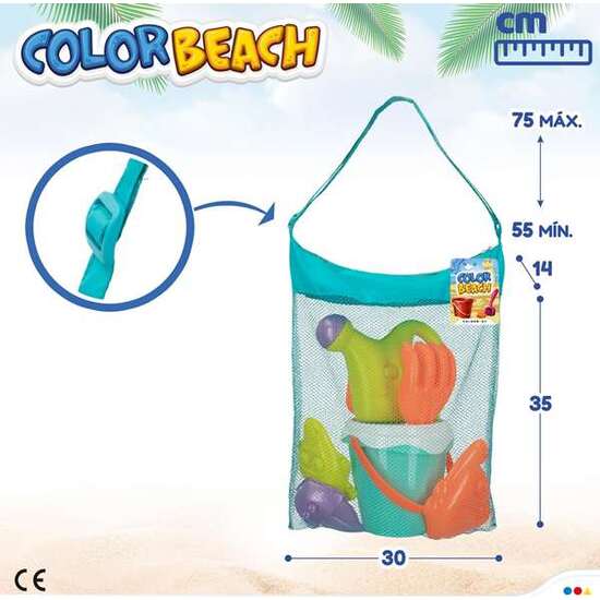 CUBO PLAYA 14 CM, CEDAZO, PALAS 20 CM, REGADERA Y 3 MOLDES EN BOLSA DE RED image 5