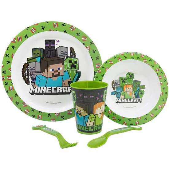 SET DE PLATO, CUENCO, VASO, CUCHARA Y TENEDOR MINECRAFT (APTO PARA MICROONDAS) image 1