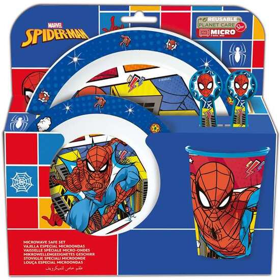 SET DE PLATO, CUENCO, VASO, CUCHARA Y TENEDOR SPIDERMAN ARACHNID GRID (APTO PARA MICROONDAS) image 0