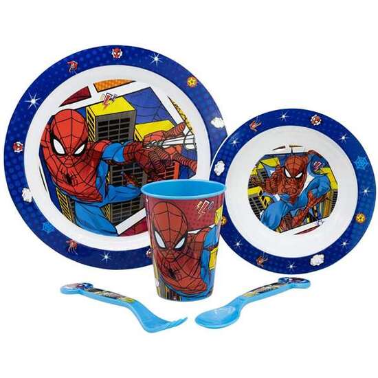 SET DE PLATO, CUENCO, VASO, CUCHARA Y TENEDOR SPIDERMAN ARACHNID GRID (APTO PARA MICROONDAS) image 1