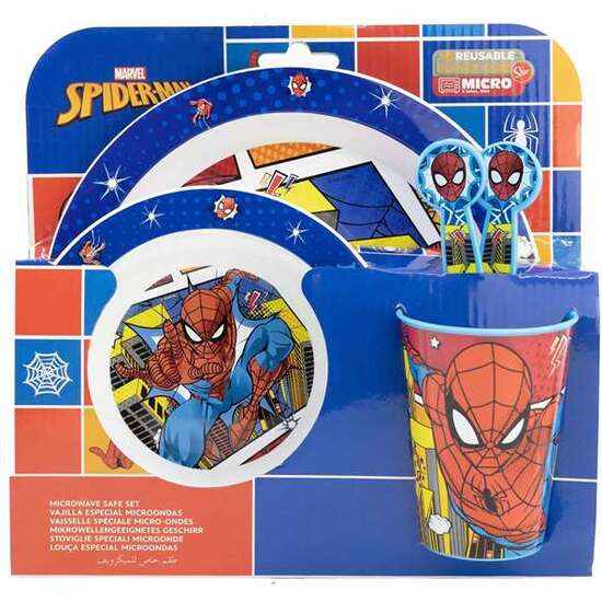 SET DE PLATO, CUENCO, VASO, CUCHARA Y TENEDOR SPIDERMAN ARACHNID GRID (APTO PARA MICROONDAS) image 2