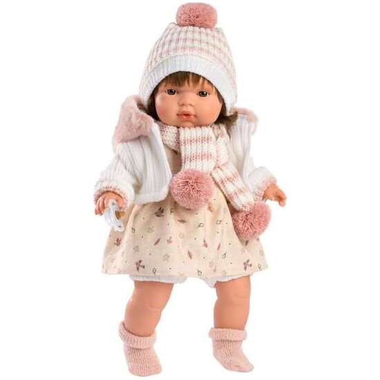 MUÑECA LOLA LLORONA CON CHUPETE, VESTIDO PAJAROS, CHAQUETA BLANCA, GORRO Y BUFANDA 38 CM image 0