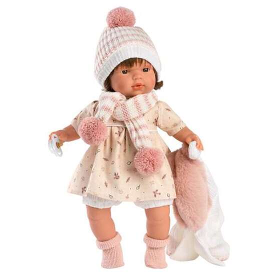 MUÑECA LOLA LLORONA CON CHUPETE, VESTIDO PAJAROS, CHAQUETA BLANCA, GORRO Y BUFANDA 38 CM image 1