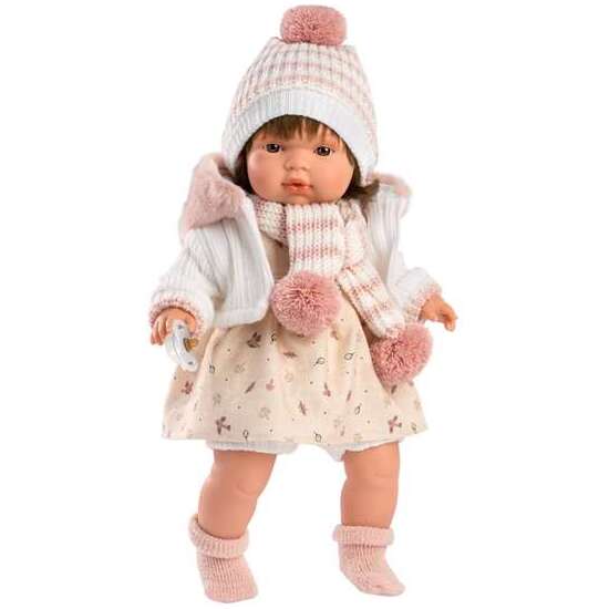 MUÑECA LOLA LLORONA CON CHUPETE, VESTIDO PAJAROS, CHAQUETA BLANCA, GORRO Y BUFANDA 38 CM image 3