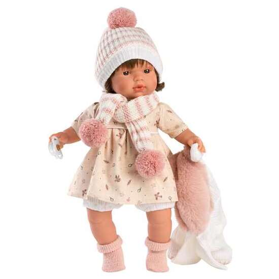 MUÑECA LOLA LLORONA CON CHUPETE, VESTIDO PAJAROS, CHAQUETA BLANCA, GORRO Y BUFANDA 38 CM image 4