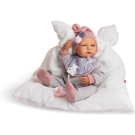 MUÑECO NEW BORN NIÑA CON ALMOHADA BLANCA Y PIJAMA GRIS DE LANA CON BABERO 45 CM image 0