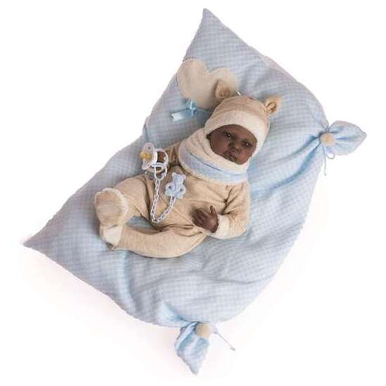 MUÑECO REBORN NEGRITO CON PIJAMA BEIGE BABERO AZUL Y ALMOHADA AZUL 50CM image 0