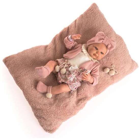 MUÑECA REBORN CON CHAQUETA ROSA Y POLO DE FLORES, DA BESISTOS. INCLUYE ALMOHADA ROSA 50CM image 0