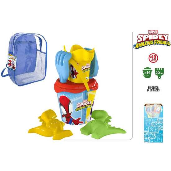 MOCHILA CUBO PLAYA SPIDEY AMAZING FRIENDS 14CM CON CEDAZO,PALA,RASTRILLO Y DOS MOLDES. image 0
