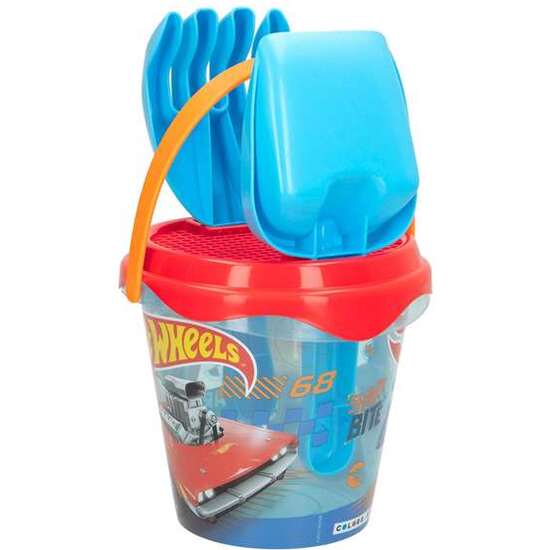 CUBO PLAYA HOT WHEELS 14 CM CON PALA,RASTRILLO,CEDAZO Y 1 MOLDE EN RED - MODELOS SURTIDOS image 0