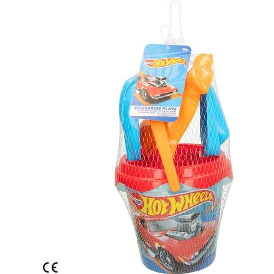 CUBO PLAYA HOT WHEELS 14 CM CON PALA,RASTRILLO,CEDAZO Y 1 MOLDE EN RED - MODELOS SURTIDOS image 3