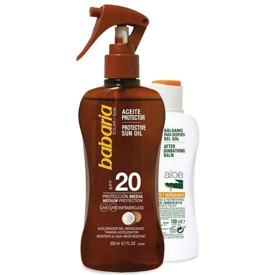 ACEITE PROTECTOR SOLAR COCO BABARIA PISTOLA F-20 200 ML MAS AFTER SUN REGALO 100 ML image 0