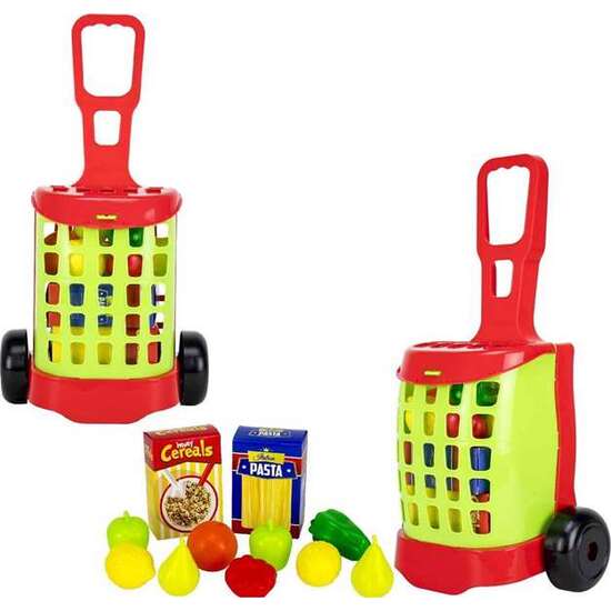 CARRO DE LA COMPRA CON CAJAS DE ALIMENTOS GRANDES Y FRUTAS. image 0