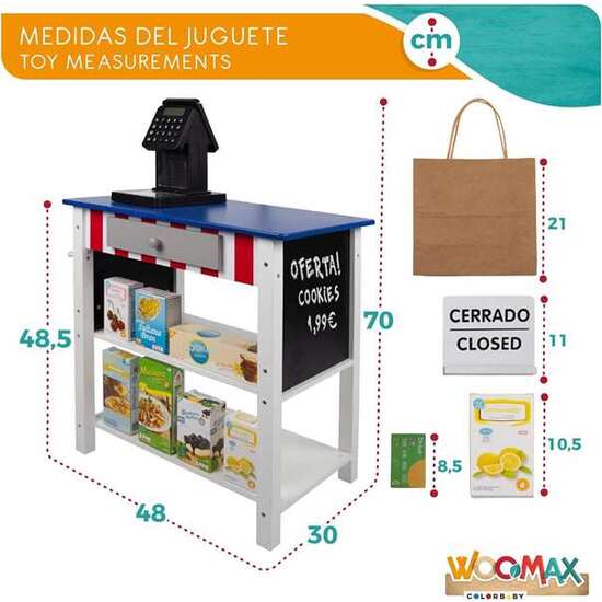 SUPERMECADO DE MADERA WOOMAX CON 25 ACCESORIOS Y CAJA REGISTRADORA ELÉCTRICA 48X30XH70 CM image 5