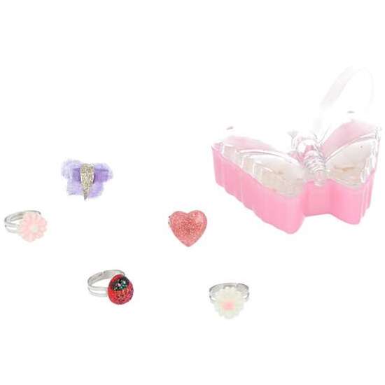 SET DE ANILLOS 5 UNIDADES PLATEADOS AJUSTABLES EN CAJITA MARIPOSA image 0