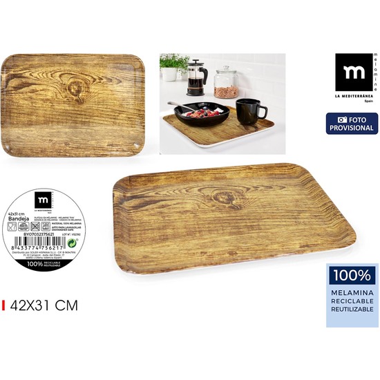 BANDEJA MELAMINA 42X31CM WOOD BRILLO MD image 0