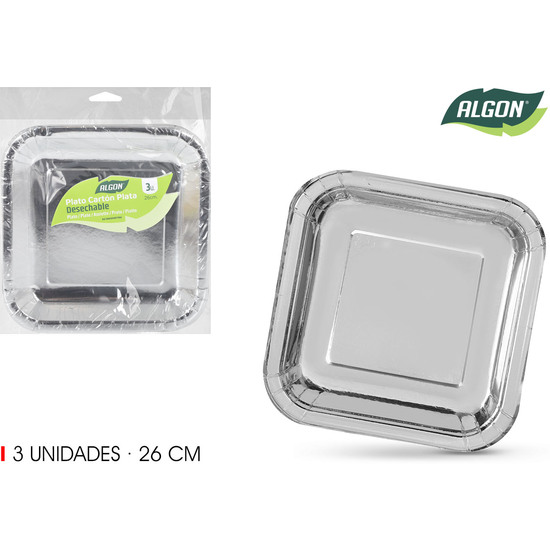SET-3 PLATO CARTON PLATA CUAD. 26CM ALGON image 1