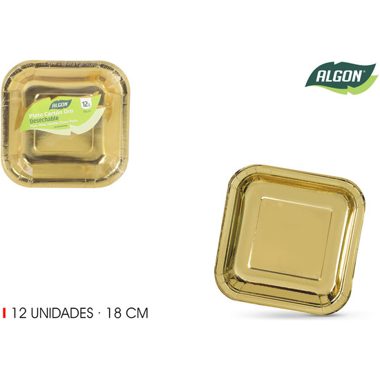 SET-12 PLATO CARTON ORO CUAD. 18CM ALGON image 0