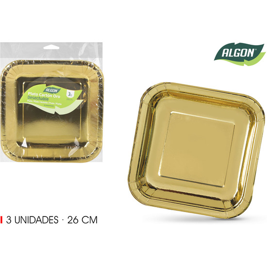 SET-3 PLATO CARTON ORO CUAD. 26CM ALGON image 0