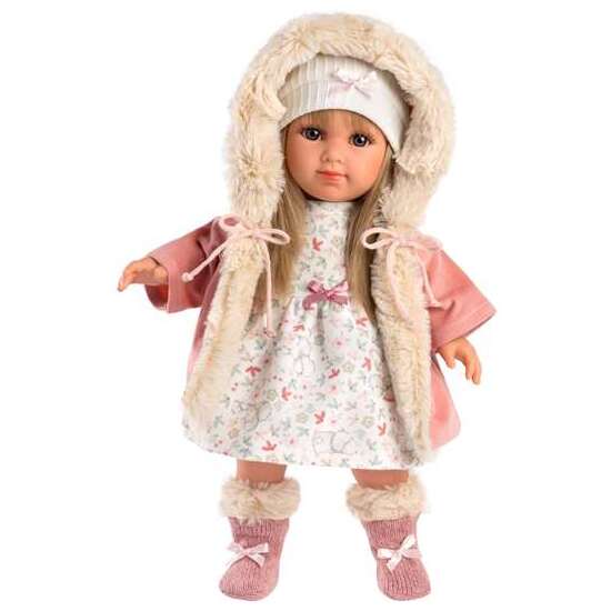 MUÑECA ELENA CON VESTIDO FLORES, ABRIGO ROSA CON GORRO Y CALCETAS DE PELO. 35 CM image 0
