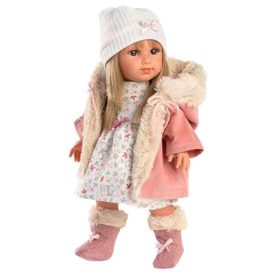MUÑECA ELENA CON VESTIDO FLORES, ABRIGO ROSA CON GORRO Y CALCETAS DE PELO. 35 CM image 1