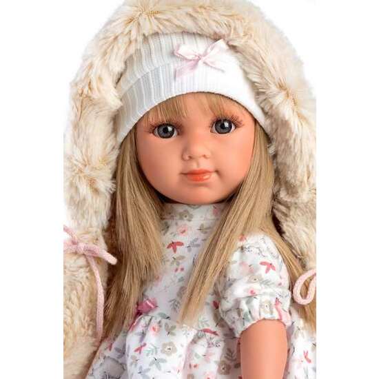 MUÑECA ELENA CON VESTIDO FLORES, ABRIGO ROSA CON GORRO Y CALCETAS DE PELO. 35 CM image 2