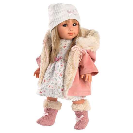 MUÑECA ELENA CON VESTIDO FLORES, ABRIGO ROSA CON GORRO Y CALCETAS DE PELO. 35 CM image 4