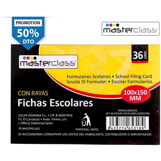 FICHAS ESCOLARES 36 UNIDADES CON RAYAS MASTERCLASS image 0