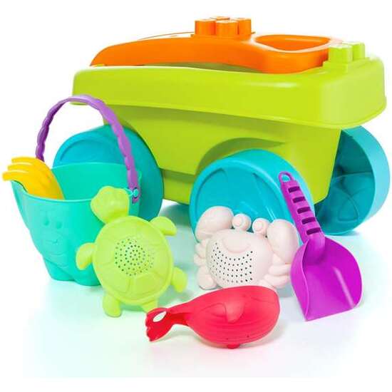 CARRO PLAYA CON ASA PLEGABLE Y ZONA PARA CONSTRUIR. INCLUYE ACCESORIOS DE PLAYA. INCLUYE 6 PIEZAS. image 0
