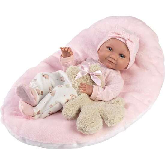 MUÑECA NICA RECIEN NACIDA CON  COJIN ROSA Y OSITO 40CM image 0