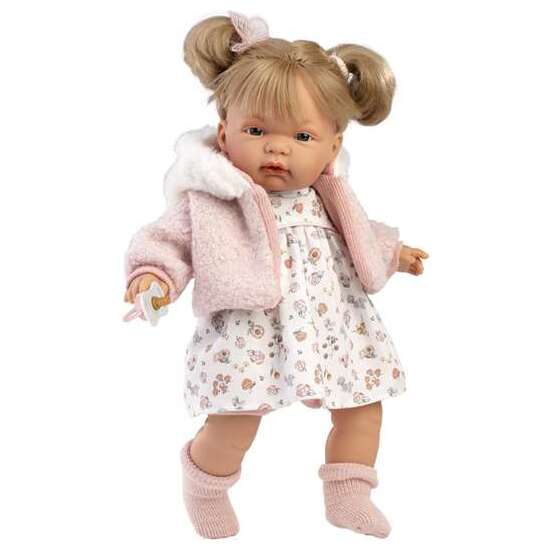 MUÑECA LLORONA JOELLE CHAQUETA ROSA 38CM INCLUYE CHUPETE. image 0