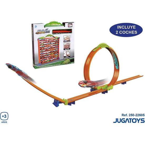 PISTA SURFURJOUS CON LOOPING Y ALMACENAMIENTO, INCLUYE 2 COCHES, 36X33X55CM - MODELOS SURTIDOS image 0