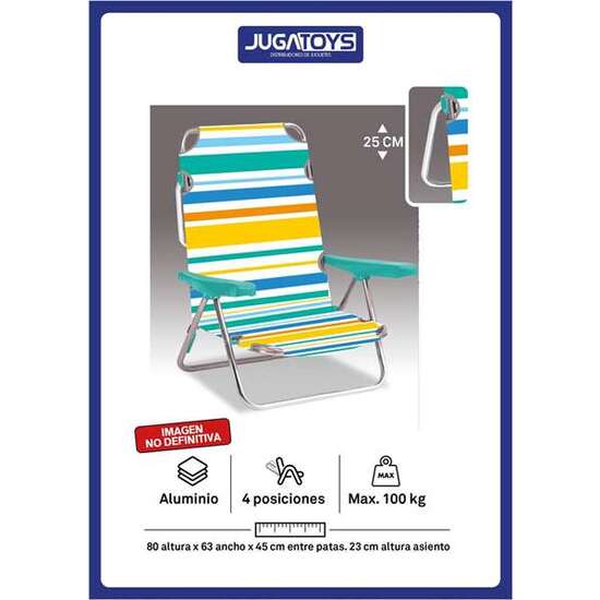 SILLA PLAYA ALUMINIO MULTIPOSICION RAYAS, CON REPOSACABEZAS 25 CM, 80X65X45CM, 25 CM ALTURA ASIENTO. image 1