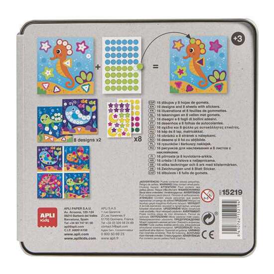 JUEGO DE PEGATINAS GOMETS OCÉANO CON 16 LÁMINAS Y 8 HOJAS DE GOMETS EN CAJA METÁLICA image 1