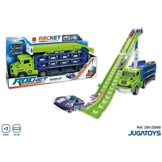 CAMION PORTACOCHES CONVERTIBLE EN PISTA CON 3 COCHES 50 CMS. image 1