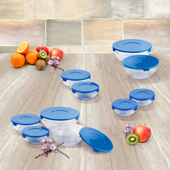 SET 10 TUPPERWARE EN VIDRIO TAPA AZUL: 150, 200, 350, 500 Y 900ML image 1