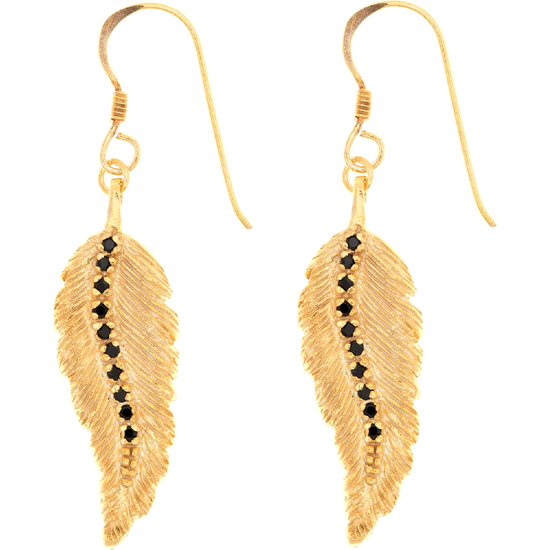 PENDIENTES PLUMA CON CIRCONITAS NEGRAS COLOR CHAPADO ORO AMARILLO image 0