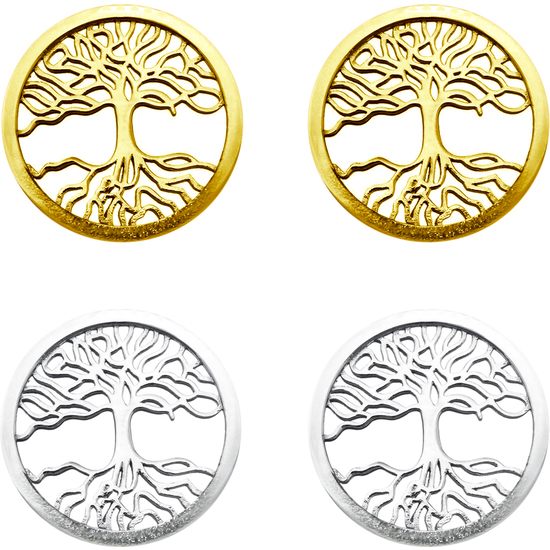 2 PARES DE PENDIENTES ÁRBOL DE LA VIDA COLOR PLATA Y BAÑO ORO AMARILLO image 0