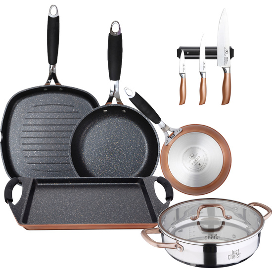 COLECCIÓN INFINITY CHEFS: CACEROLA Ø28 CON TAPA DE VIDRIO; SARTENES Ø16 Y Ø24; SARTÉN GRILL 28X28 Y PLANCHA GRILL 40X24 CMS + JUEGO DE CUCHILLOS image 0