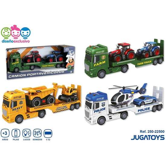 CAMIÓN PORTA TRACTORES GRANJA, POLICÍA, OBRAS PUBLICAS, INCLUYE 2 VEHICULOS CON LUCES Y SONIDOS, MOD. SDOS ESCALA 1:12 - MODELOS SURTIDOS image 2