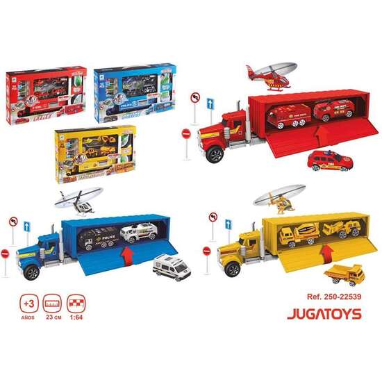 CAMIÓN PORTAVEHÍCULOS, 4 VEHICULOS DIE CAST, TAPETE Y ACCESORIOS, ESCALA 1:64, 23CM   - MODELOS SURTIDOS image 1