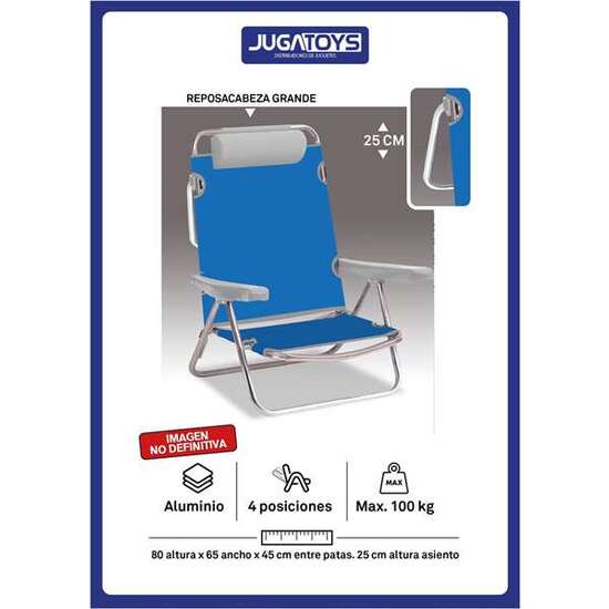 SILLA PLAYA ALUMINIO MULTIPOSICION AZUL CON REPOSACABEZAS 25 CM., ALMOHADILLA Y REPOSABRAZOS GRIS,  80X65X45CM, 25 CM ALTURA ASIENTO image 0