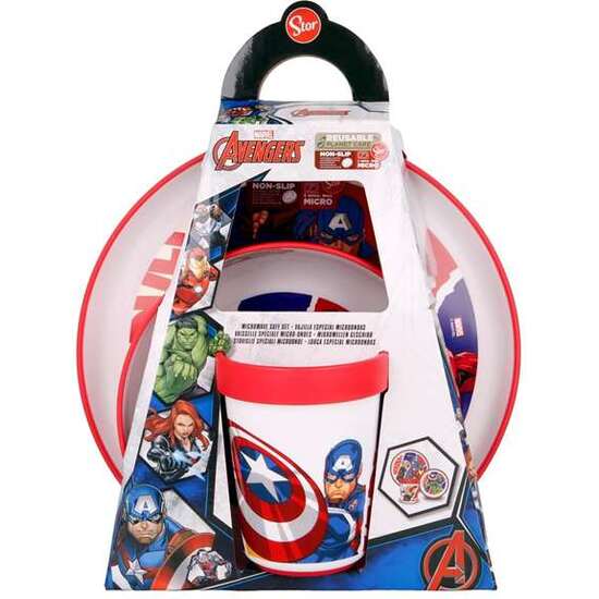 SET VAJILLA PLÁSTICO PREMIUM BICOLOR 3 PIEZAS (2 PLATOS Y 1 VASO) AVENGERS COMIC HEROES ANTIDESLIZANTE image 2