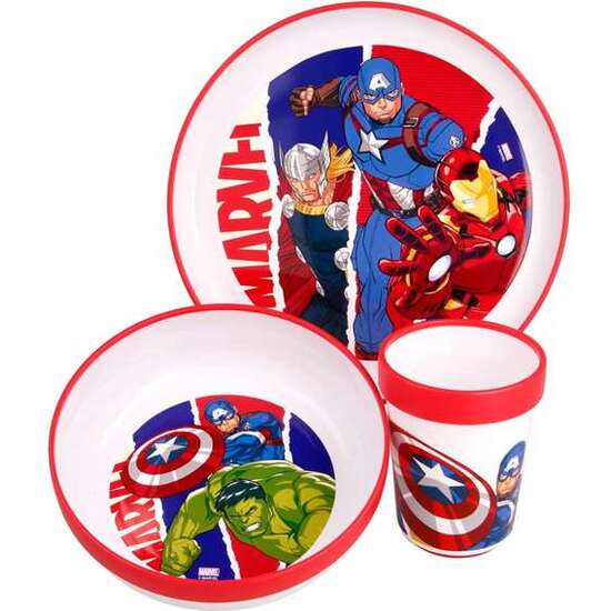 SET VAJILLA PLÁSTICO PREMIUM BICOLOR 3 PIEZAS (2 PLATOS Y 1 VASO) AVENGERS COMIC HEROES ANTIDESLIZANTE image 3