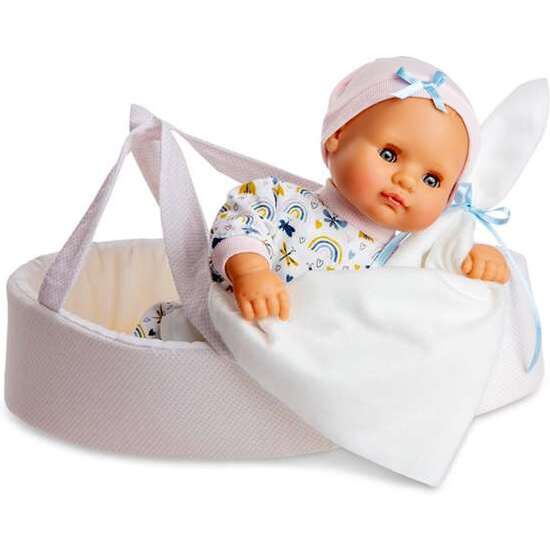 MUÑECA BEBE LLORONA  BABY SHOES CON CANASTILLA ROSA. AL PULSAR LA BARRIGA LLORA Y DICE MAMÁ Y PAPÁ 34 CM image 0
